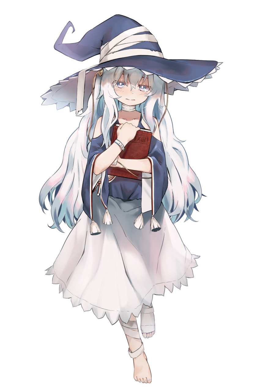 1girl absurdres bandages barefoot blue_eyes book commentary_request girls_frontline hat highres holding holding_book korean_commentary long_hair ribeyrolles_1918_(girls_frontline) shey_kr smile solo white_hair witch witch_hat