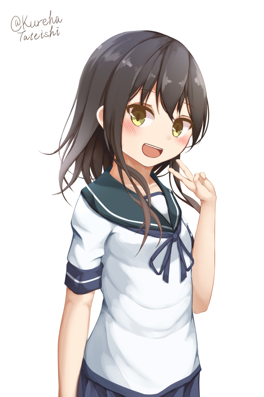 1girl :d absurdres bangs blue_ribbon blue_skirt blush brown_eyes brown_hair collarbone commentary_request eyebrows_visible_through_hair fubuki_(kantai_collection) green_sailor_collar hair_between_eyes hair_down hamayuu_(litore) highres kantai_collection long_hair neck_ribbon open_mouth pleated_skirt ribbon sailor_collar school_uniform serafuku shirt short_sleeves simple_background skirt smile solo twitter_username upper_body upper_teeth v white_background white_shirt