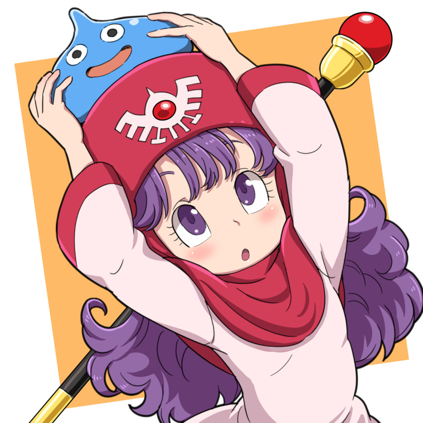 1girl blush commentary_request curly_hair dragon_quest dragon_quest_ii dress highres hood long_hair long_sleeves open_mouth princess_of_moonbrook purple_hair slime_(dragon_quest) violet_eyes yazwo