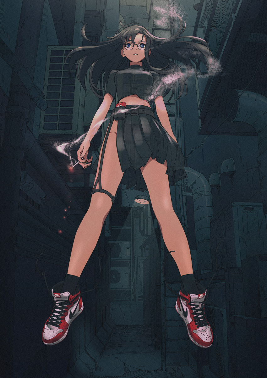 1girl belt black_hair black_legwear blue_eyes breasts cigarette cigarette_box floating glasses highres long_hair looking_at_viewer midriff mole mole_under_mouth original parted_lips pipe pleated_skirt shoes skirt smoke sneakers socks solo tarou2 untied_shoes