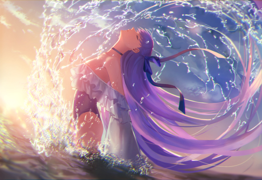 1girl bare_shoulders blue_choker blue_ribbon blue_swimsuit breasts choker closed_eyes dutch_angle fate/grand_order fate_(series) frills highleg highleg_swimsuit highres long_hair medium_breasts meltryllis meltryllis_(swimsuit_lancer)_(fate) one-piece_swimsuit outdoors partially_submerged purple_hair ribbon solo splashing strapless strapless_swimsuit swimsuit very_long_hair water wet whipping_hair zonotaida