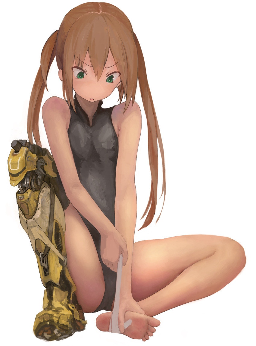 1girl bandages brown_hair commentary cyborg green_eyes highres leotard nihoshi_(bipedal_s) original prosthesis prosthetic_leg sitting soles solo twintails white_background