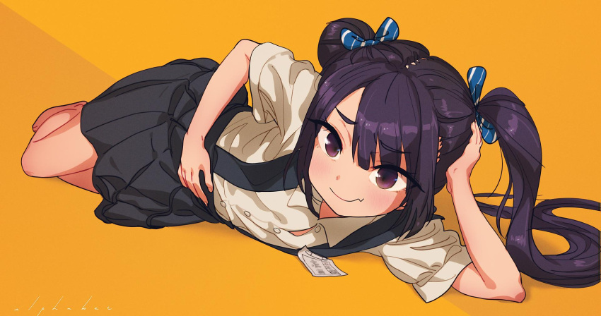 1girl arm_support bangs barefoot black_skirt blue_bow blush bow closed_mouth collared_shirt commentary_request copyright_request diagonal_stripes dress_shirt eyebrows_visible_through_hair fang fang_out hair_between_eyes hair_bow highres long_hair lying on_side orange_background pleated_skirt purple_hair safety_pin shirt short_sleeves skirt smile soe solo striped striped_bow suspender_skirt suspenders twintails very_long_hair violet_eyes white_shirt