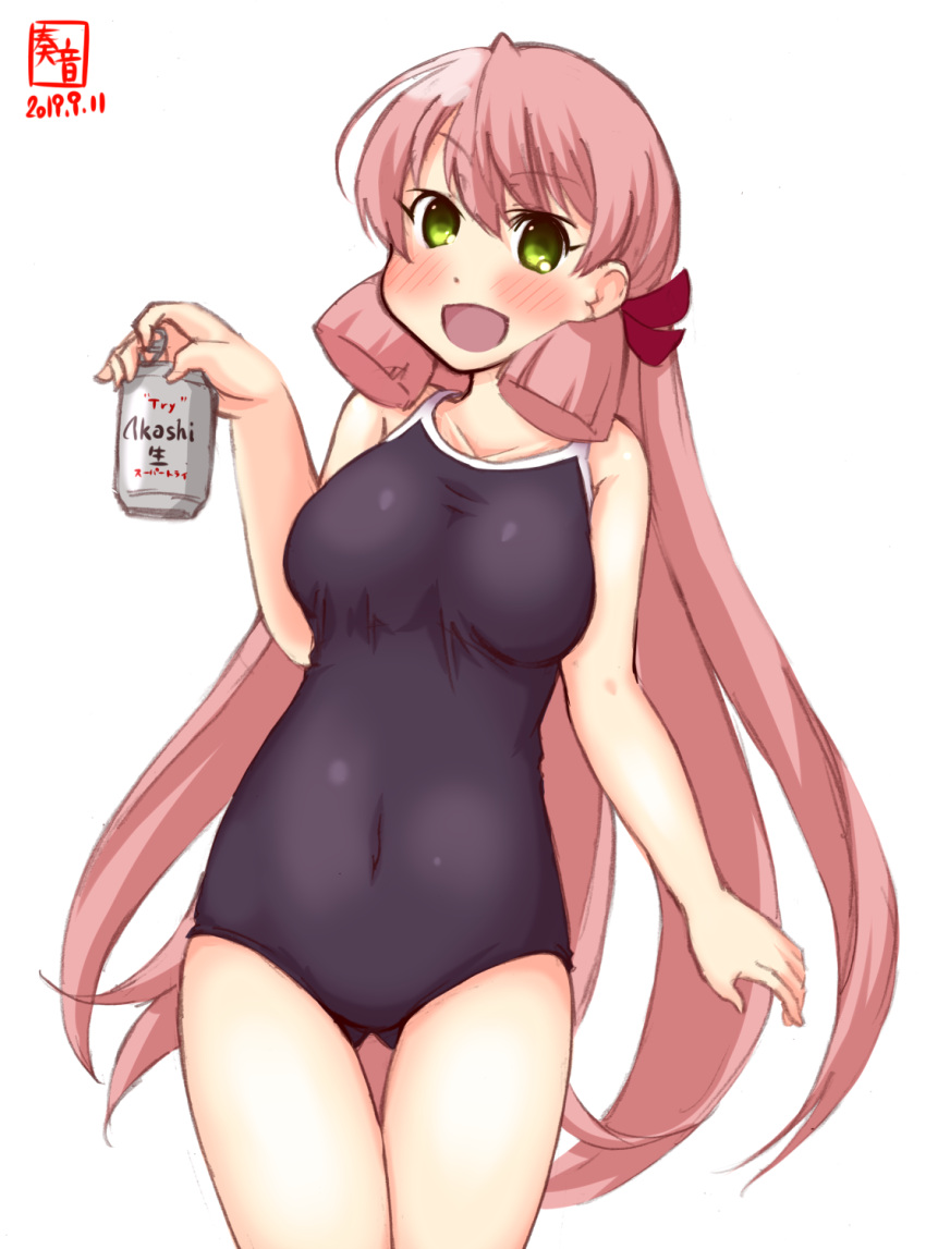 1girl akashi_(kantai_collection) alcohol alternate_costume artist_logo asahi_breweries ass_visible_through_thighs beer beer_can black_swimsuit breasts can collarbone commentary_request competition_school_swimsuit covered_navel dated green_eyes hair_ribbon highres kanon_(kurogane_knights) kantai_collection leaning_to_the_side long_hair medium_breasts new_school_swimsuit open_mouth pink_hair revision ribbon school_swimsuit simple_background solo standing swimsuit tress_ribbon white_background