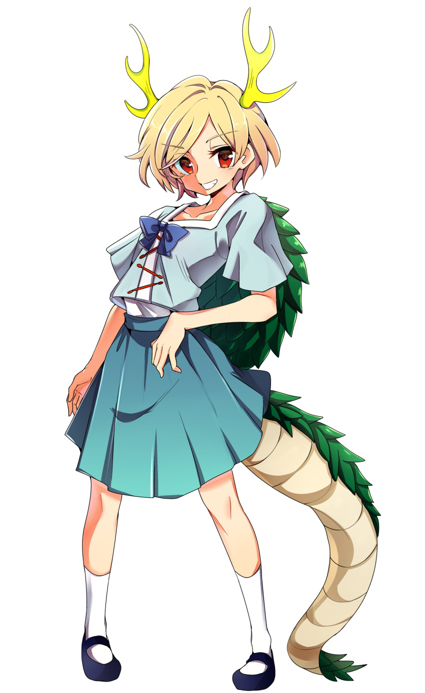 1girl absurdres baba_(baba_seimaijo) blonde_hair blue_shirt bow bowtie collarbone commentary_request dragon_girl dragon_horns dragon_tail eyebrows_visible_through_hair full_body green_skirt grin highres horns kicchou_yachie kneehighs looking_at_viewer mary_janes red_eyes shirt shoes short_hair short_sleeves skirt smile solo tail touhou turtle_shell white_background white_legwear