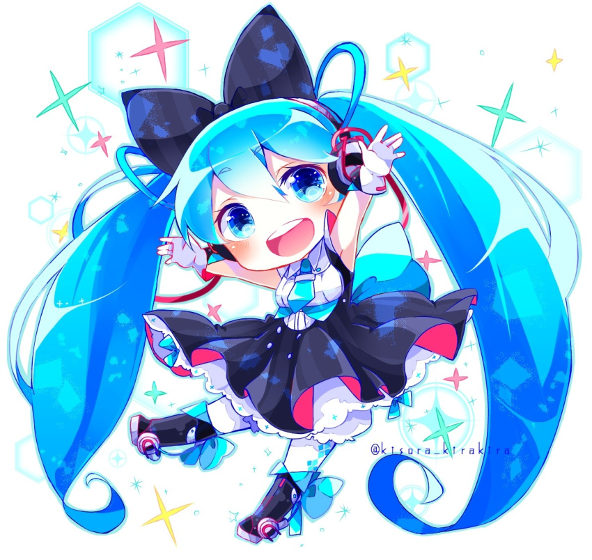 1girl arms_up bare_shoulders black_bow blue_eyes blue_hair blue_neckwear boot_bow boots bow cable chibi dress_bow hair_bow hair_ornament hatsune_miku headphones knee_boots layered_skirt leg_up long_hair looking_at_viewer magical_mirai_(vocaloid) necktie open_mouth outstretched_arms shirayuki_towa shirt short_necktie skirt smile solo sparkle standing standing_on_one_leg thigh-highs twintails twitter_username very_long_hair vocaloid white_legwear white_shirt