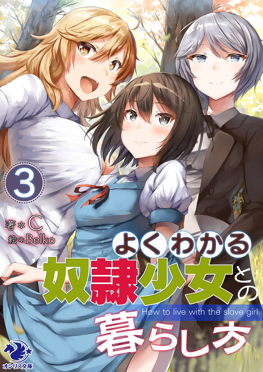 3girls :d alice_(yokuwakaru) artist_name bangs bare_shoulders black_hair black_jacket black_pants blonde_hair blue_dress blue_eyes blush breasts brown_eyes building clouds collared_shirt copyright_name cover cover_page cropped_jacket day dress female_butler floating_hair formal gloves grey_hair hand_on_hip highres holding holding_tray jacket large_breasts lolicept long_hair looking_at_viewer medium_breasts multiple_girls necktie novel_cover novel_illustration official_art open_mouth outdoors pants rea_(yokuwakaru) reina_(yokuwakaru) shirt short_hair short_sleeves sidelocks sky small_breasts smile suit tray tree very_long_hair white_gloves white_shirt wind yokowakaru_dorei_shoujo_to_no_kurashi_kata