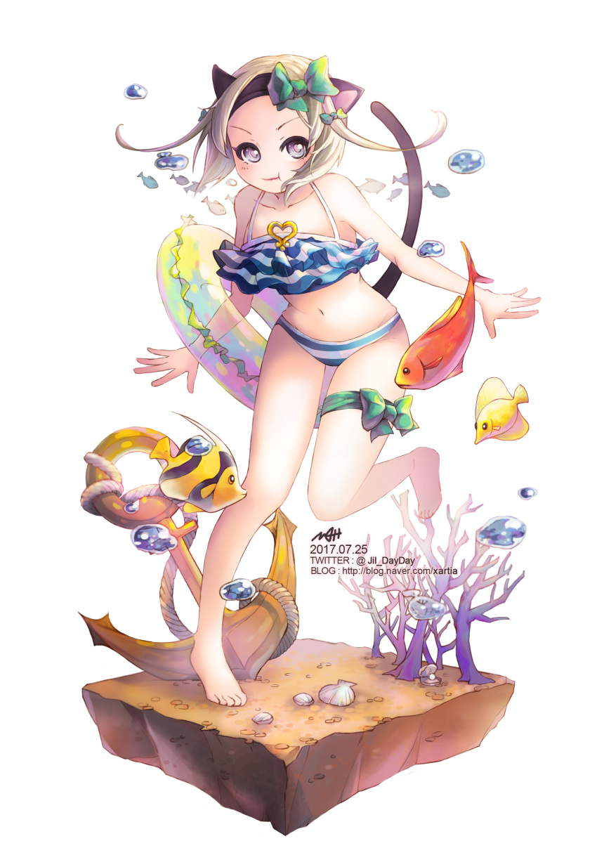 1girl absurdres anchor animal_ears bare_arms bare_legs bare_shoulders bikini black_hairband blade_&amp;_soul blonde_hair blue_bikini bow breasts cat_ears cat_tail collarbone commentary_request dated fish frills green_bow grey_eyes hair_bow hairband highres holding holding_innertube innertube jii_dayday looking_at_viewer lyn_(blade_&amp;_soul) navel short_hair small_breasts solo striped striped_bikini swimsuit tail water watermark web_address white_bikini