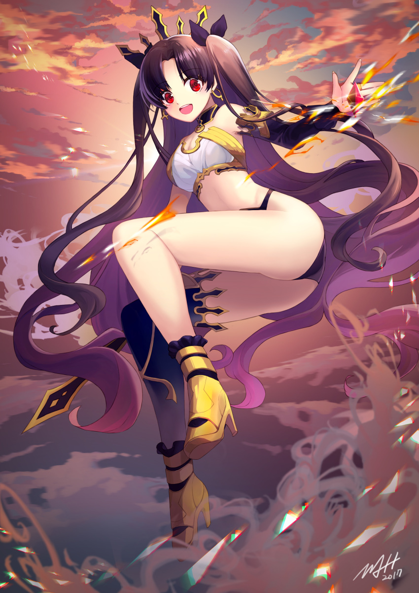 1girl absurdres ass bangs bare_shoulders black_hair black_panties breasts commentary crown earrings eyebrows_visible_through_hair fate/grand_order fate_(series) hair_ribbon highres hoop_earrings ishtar_(fate/grand_order) jewelry jii_dayday long_hair looking_at_viewer medium_breasts panties parted_bangs red_eyes ribbon single_thighhigh smile solo thigh-highs two_side_up underwear
