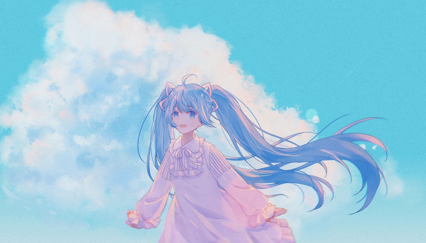 1girl ahoge backlighting blue_eyes blue_hair blue_sky clouds commentary day dress frilled_dress frilled_sleeves frills hair_ornament hatsune_miku highres kasu_(2795519931) long_hair looking_at_viewer neck_ribbon open_mouth outdoors pink_dress ribbon sky smile solo sparkling_eyes standing symbol_commentary twintails upper_body very_long_hair vocaloid