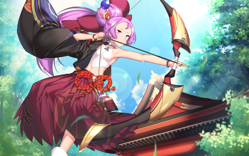 1girl anpolly architecture armor arrow bell blue_sky bow bow_(weapon) breasts day east_asian_architecture fighting_stance glint hair_bow hair_bun hakama holding holding_bow_(weapon) holding_weapon japanese_clothes jingle_bell lens_flare long_hair navel official_art outdoors pink_hair red_bow sky sleeveless small_breasts solo tree very_long_hair violet_eyes weapon wide_sleeves wristband