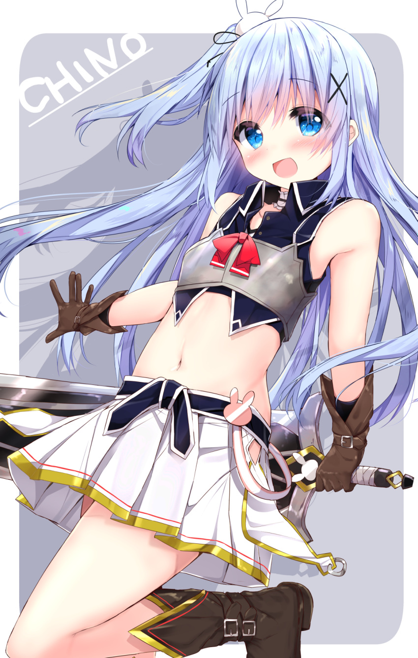 1girl :d alternate_costume bangs bare_shoulders black_footwear blue_eyes blue_hair blue_vest blush boots breastplate brown_gloves character_name collarbone commentary_request eyebrows_visible_through_hair gloves gochuumon_wa_usagi_desu_ka? grey_background hair_between_eyes hair_ornament highres holding holding_sword holding_weapon kafuu_chino kouda_suzu looking_at_viewer midriff navel one_side_up open_mouth pleated_skirt skirt smile solo standing standing_on_one_leg sword two-tone_background vest weapon white_background white_skirt x_hair_ornament