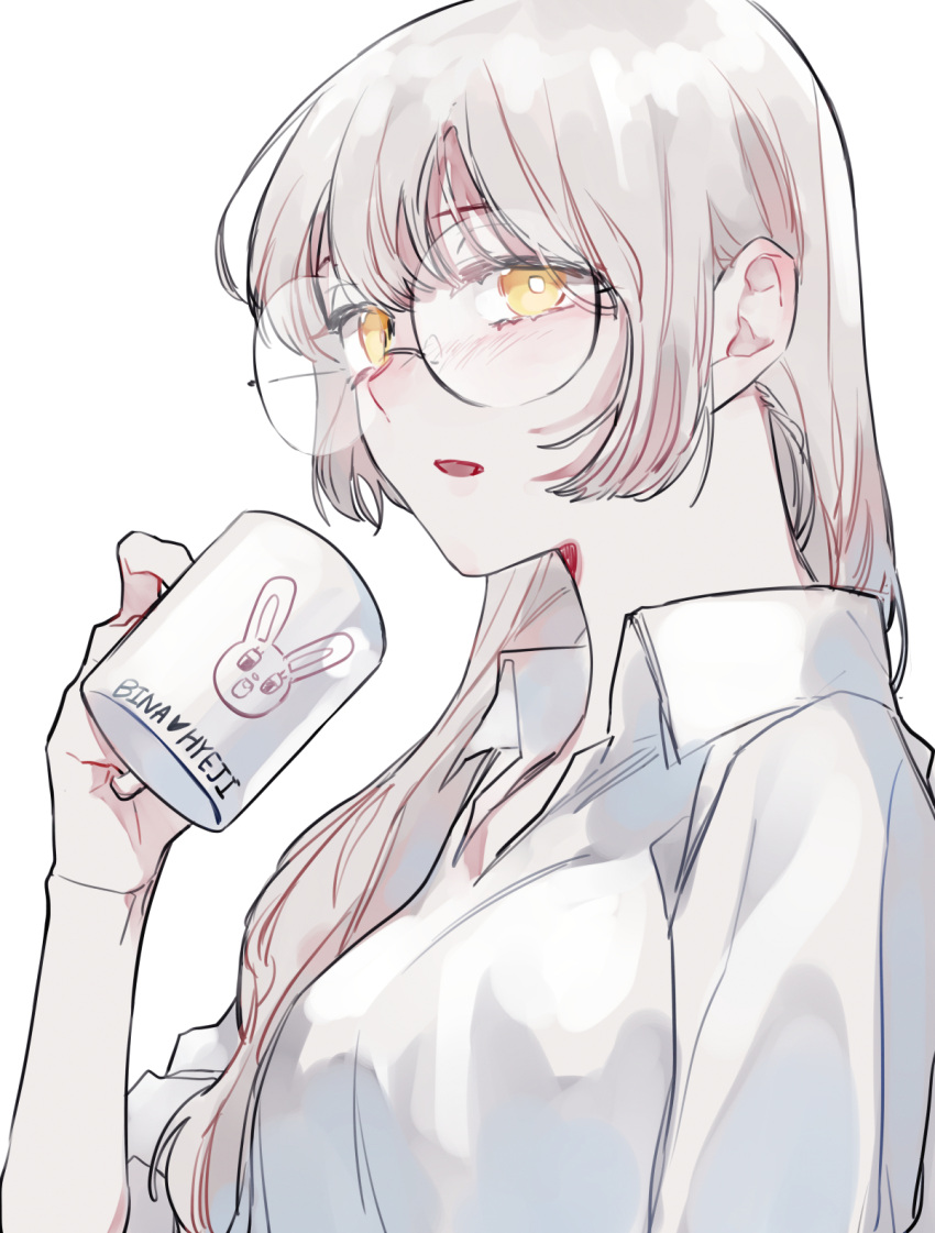 1girl breasts bright_pupils collared_shirt cup dahan expressionless from_side glasses grey_hair hair_behind_ear highres holding holding_cup korean_commentary long_hair looking_at_viewer medium_breasts mug open_mouth original round_eyewear shirt solo white_background white_pupils white_shirt yellow_eyes