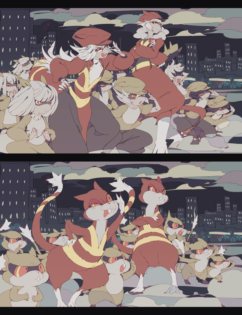 :o animal_hat bandit black_sky building cityscape clenched_hand clouds crossed_arms frown gen_5_pokemon glasses gloves hands_up hat highres lemming_no_suana long_sleeves outdoors patrat personification pokemon puffy_long_sleeves puffy_sleeves red_eyes red_pupils red_sclera sketch skyscraper watchog white_gloves white_hair yellow_eyes