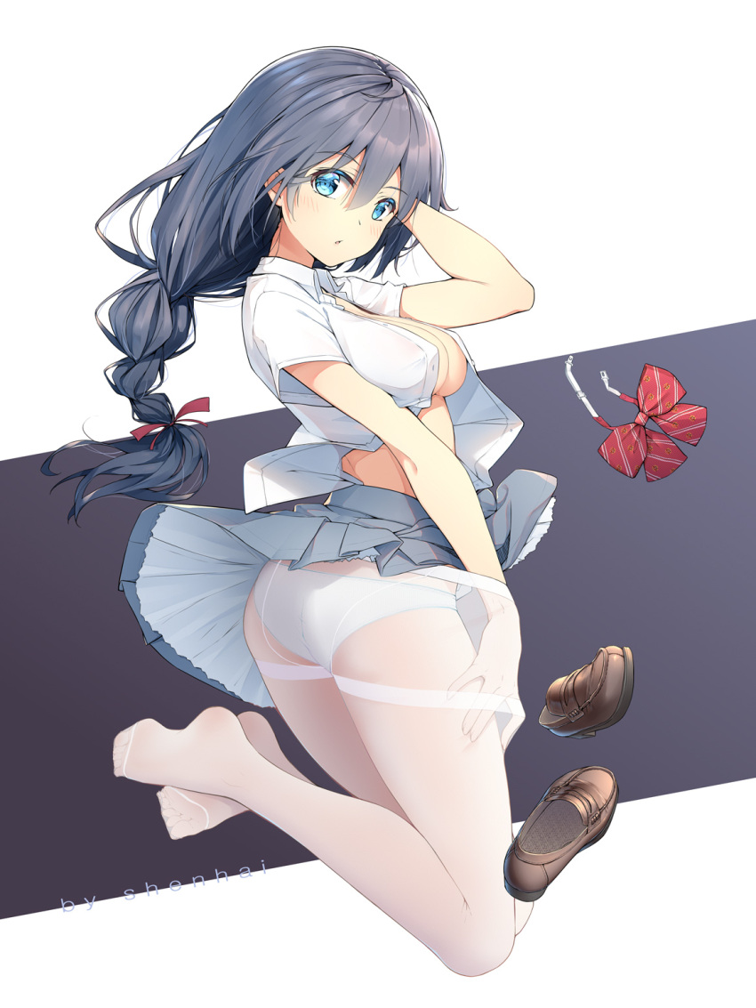 1girl artist_name ass bangs blue_eyes blush braid breasts brown_footwear collarbone collared_shirt dress_shirt eyebrows_visible_through_hair full_body grey_hair grey_skirt hair_between_eyes hand_on_own_head hand_up highres loafers long_hair looking_at_viewer low_tied_hair medium_breasts miniskirt no_bra open_clothes open_shirt original panties panties_under_pantyhose pantyhose parted_lips school_uniform shenhai_(2556146833) shirt shoes shoes_removed short_sleeves skirt solo thighband_pantyhose underwear white_panties white_shirt wing_collar