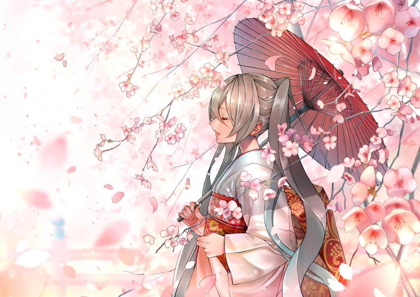 1girl absurdres arms_at_sides blurry blurry_background blurry_foreground cherry_blossoms closed_eyes closed_mouth commentary_request curly_hair depth_of_field fence floating flower grey_hair hatsune_miku highres holding holding_umbrella huge_filesize japanese_clothes kimono light_smile long_hair obi oriental_umbrella outdoors petals pink_flower profile red_umbrella remon_(25444767) sash shade shiny shiny_hair simple_background smile solo spring_(season) traditional_clothes tree tree_branch twintails umbrella under_tree upper_body very_long_hair vocaloid white_background white_kimono wide_shot wide_sleeves wind wind_lift