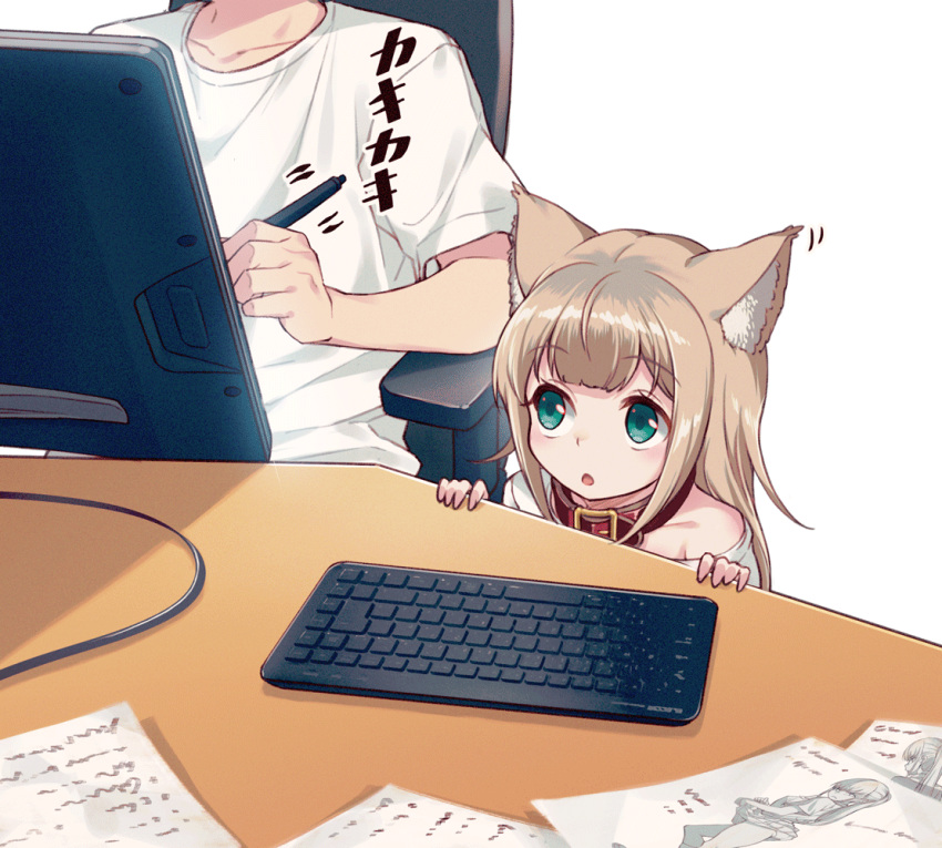 1boy 1girl 40hara animal_ear_fluff animal_ears aqua_eyes bangs blonde_hair cat_ears collar commentary_request eyebrows_visible_through_hair head_out_of_frame holding holding_stylus keyboard_(computer) kinako long_hair original shirt short_sleeves sitting stylus white_background white_shirt