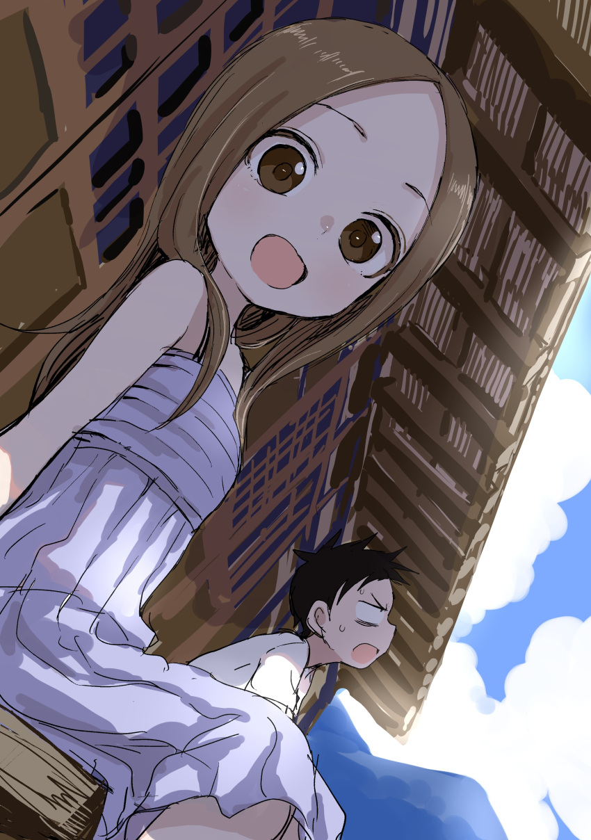 1boy 1girl :d absurdres bangs bare_shoulders black_hair blue_sky brown_eyes brown_hair clouds cloudy_sky commentary_request day dress dutch_angle forehead highres karakai_jouzu_no_takagi-san long_hair looking_at_viewer looking_to_the_side mountain nishikata open_mouth outdoors parted_bangs profile shirt short_sleeves sitting sky sleeveless sleeveless_dress smile sweat takagi-san v-shaped_eyebrows white_dress white_shirt yamamoto_souichirou