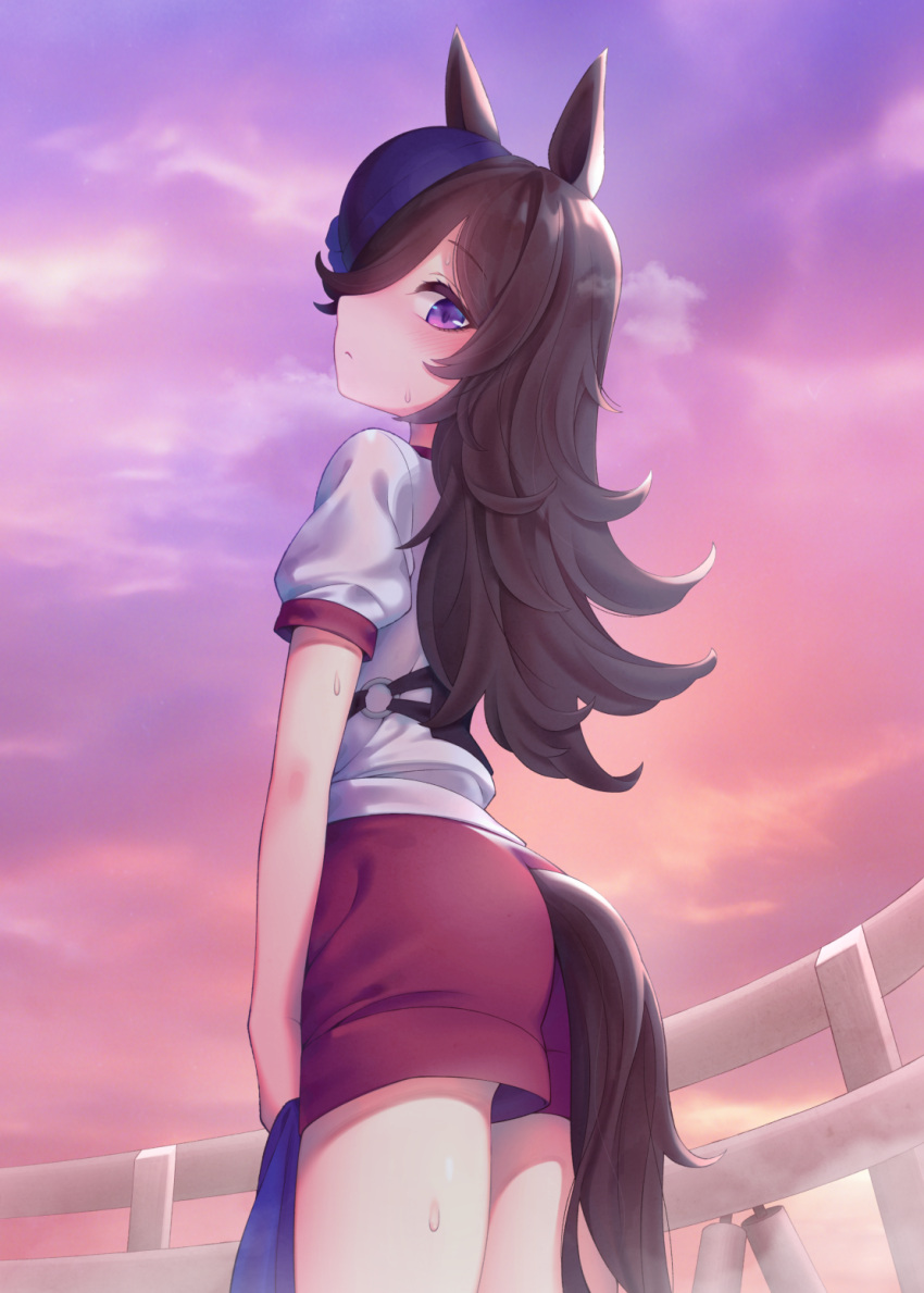 1girl animal_ears bloomers blue_hair blush brown_hair error fence from_below hair_over_one_eye highres horse_ears horse_tail long_hair looking_at_viewer multicolored_hair o-ring outdoors peaceyj pink_sky red_shorts rice_shower short_sleeves shorts standing sweat tail track two-tone_hair umamusume underwear very_long_hair violet_eyes