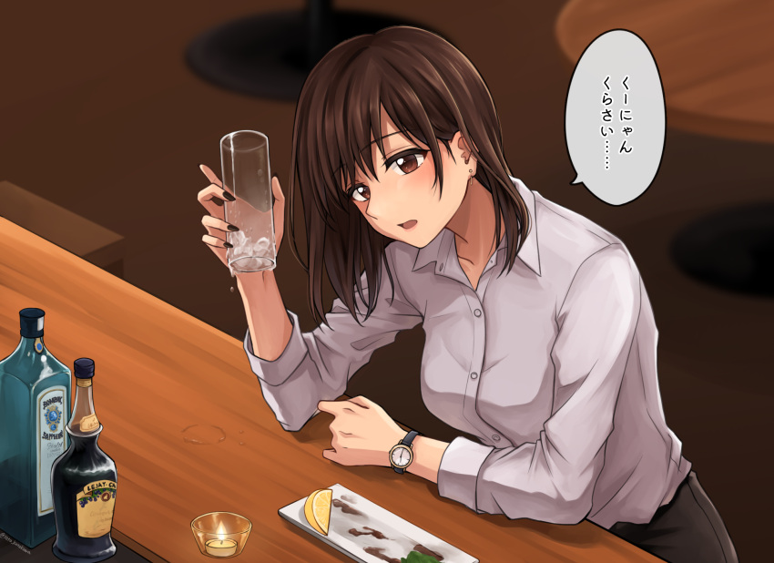 1girl alcohol bar blush brown_eyes brown_hair candle collared_shirt commentary_request cup dress_shirt earrings food fruit highres holding holding_cup ice ice_cube indoors jewelry lemon nail_polish office_lady open_mouth original plate setu_kurokawa shirt sitting skirt sleeves_rolled_up table watch white_shirt