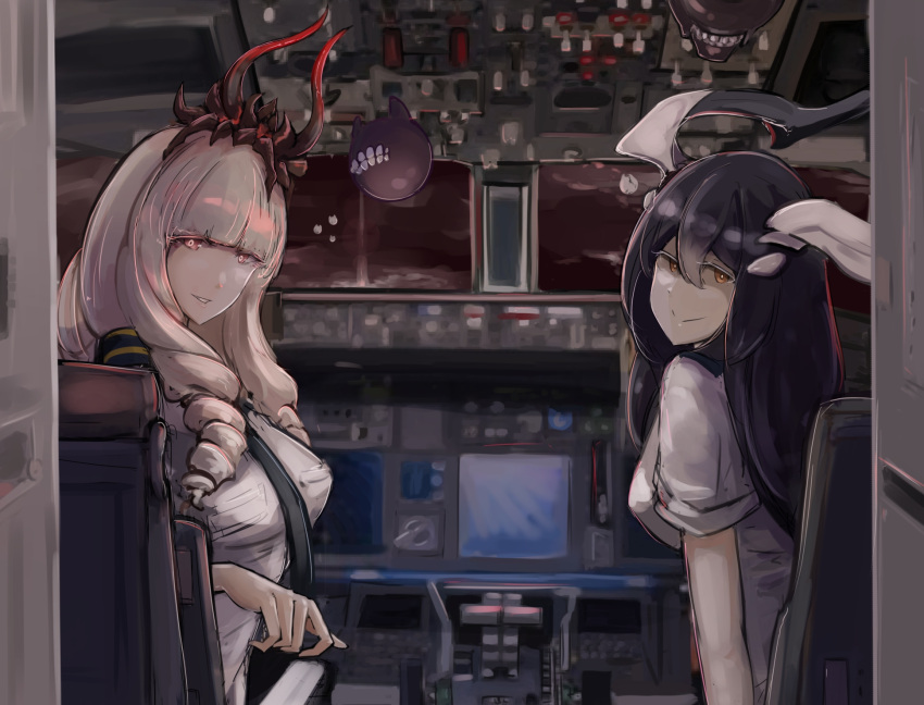 2girls aircraft airplane alternate_costume anchorage_water_oni bangs black_hair black_neckwear blunt_bangs breasts chair cockpit glowing glowing_eyes grin highres horns indoors kantai_collection long_hair looking_at_viewer lycoris_hime mizuchi_(mizuchi7118) multiple_girls necktie orange_eyes pale_skin plane_interior red_eyes shinkaisei-kan shirt sitting smile teeth white_hair white_shirt white_skin