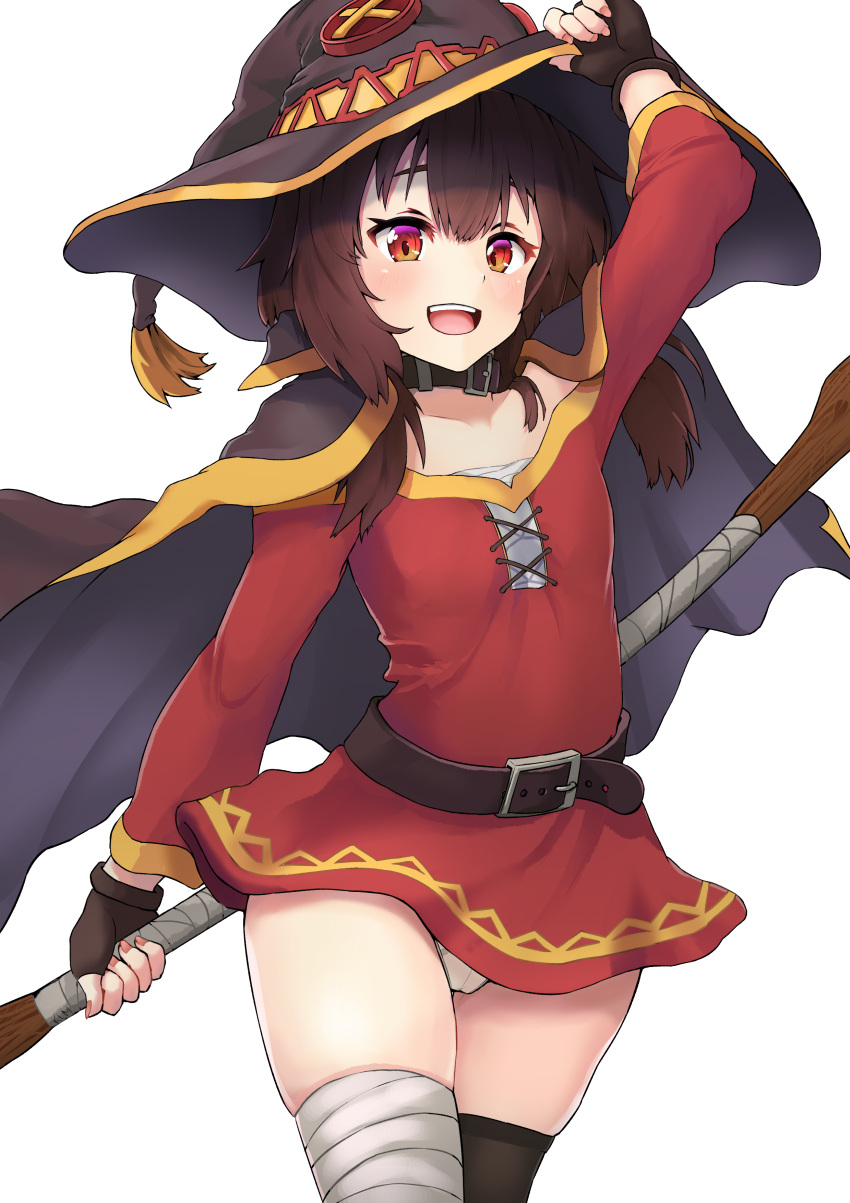 1girl absurdres bandaged_leg bandages belt black_hair black_legwear blush breasts brown_hair cape commentary_request dress fingerless_gloves gloves hat highres holding holding_staff jtleeklm kono_subarashii_sekai_ni_shukufuku_wo! looking_at_viewer megumin open_mouth panties red_dress red_eyes short_hair simple_background single_thighhigh smile solo staff thigh-highs underwear white_background white_panties witch_hat