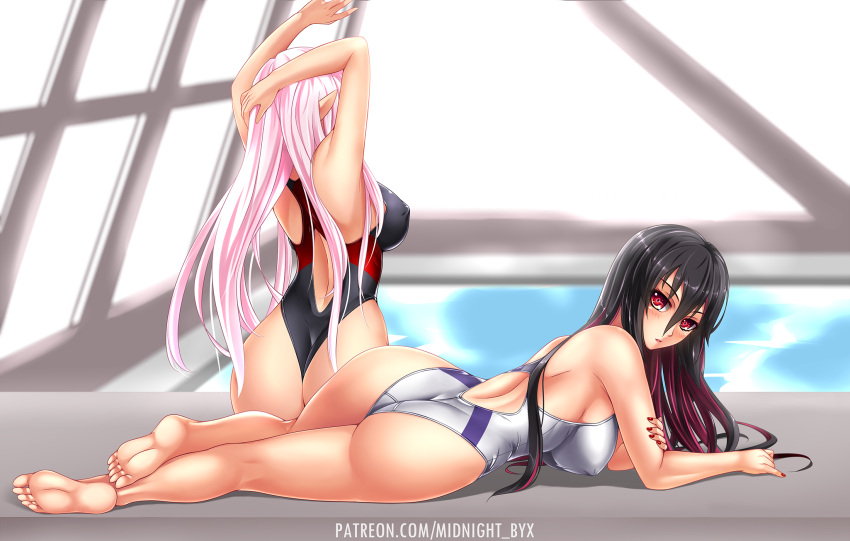 2girls arms_up ass bangs barefoot black_hair breasts competition_swimsuit facing_away from_behind hair_between_eyes highleg highres large_breasts long_hair looking_at_viewer lying midnight_(banyex) multicolored_hair multiple_girls on_stomach one-piece_swimsuit original pink_hair pointy_ears red_eyes rei_no_pool sitting soles streaked_hair swimsuit