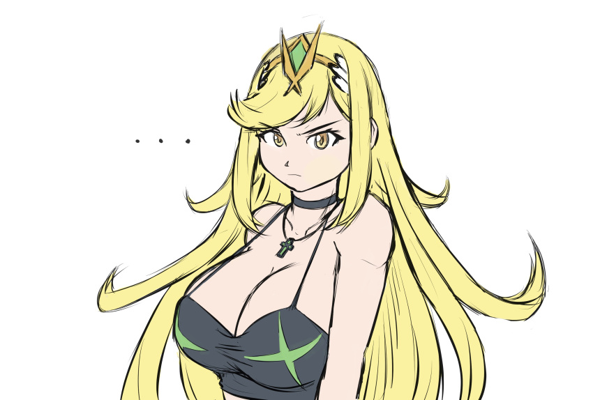 1girl absurdres angry bangs bikini bikini_top blonde_hair breasts eyebrows_visible_through_hair gem hair_ornament headpiece highres mythra_(xenoblade) jewelry large_breasts lingerie long_hair looking_at_viewer nintendo ryan_m simple_background sketch solo swept_bangs swimsuit tiara underwear very_long_hair white_background xenoblade_(series) xenoblade_2 yellow_eyes