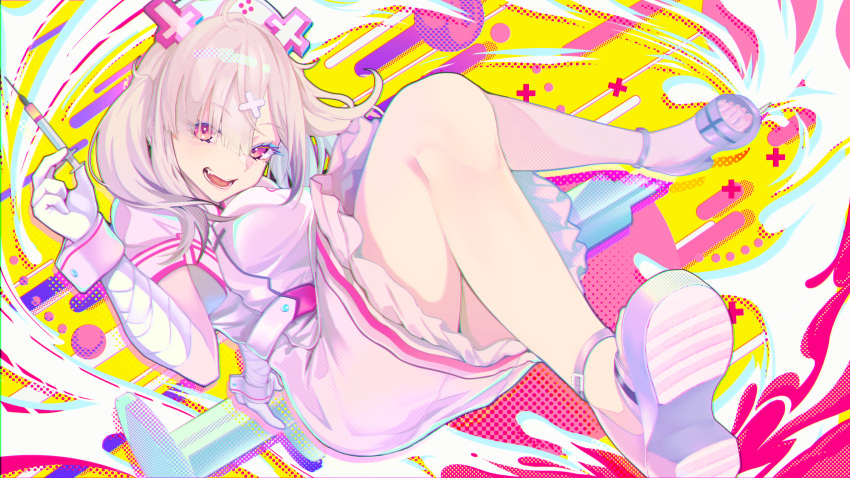 1girl absurdres ahoge apron bandages bangs blush breasts commentary dress frills full_body gloves hair_ornament hair_over_one_eye hat highres holding holding_syringe kisaragi_chiyuki large_breasts long_hair looking_at_viewer nail_polish nijisanji no_socks nurse nurse_cap open_mouth pink_nails sandals sharp_teeth silver_hair smile solo sukoya_kana syringe teeth twintails violet_eyes virtual_youtuber white_apron white_dress white_gloves white_headwear wrist_cuffs x_hair_ornament yellow_background