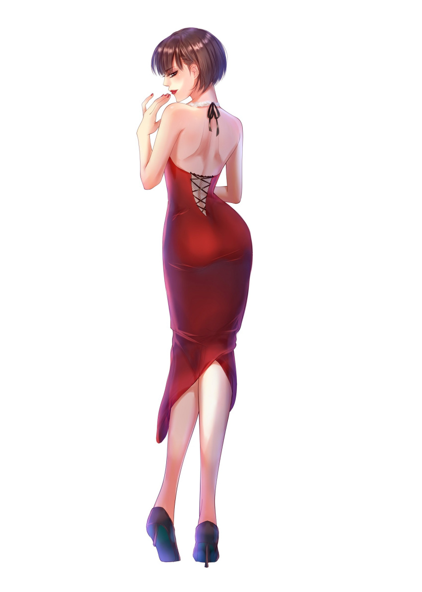 1girl ass back bangs bare_shoulders brown_hair closed_mouth dress full_body hand_up high_heels highres izumi_(stardustalone) lipstick looking_at_viewer looking_back makeup original red_dress red_nails short_hair simple_background solo standing tachi-e white_background