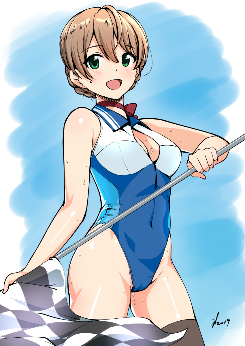 1girl absurdres ahoge black_legwear blue_background blue_leotard braid checkered checkered_flag commentary_request covered_navel cowboy_shot flag green_eyes highleg highleg_leotard highres idolmaster idolmaster_million_live! idolmaster_million_live!_theater_days jakelian leotard light_brown_hair open_mouth racequeen sakuramori_kaori short_hair smile solo standing thigh-highs