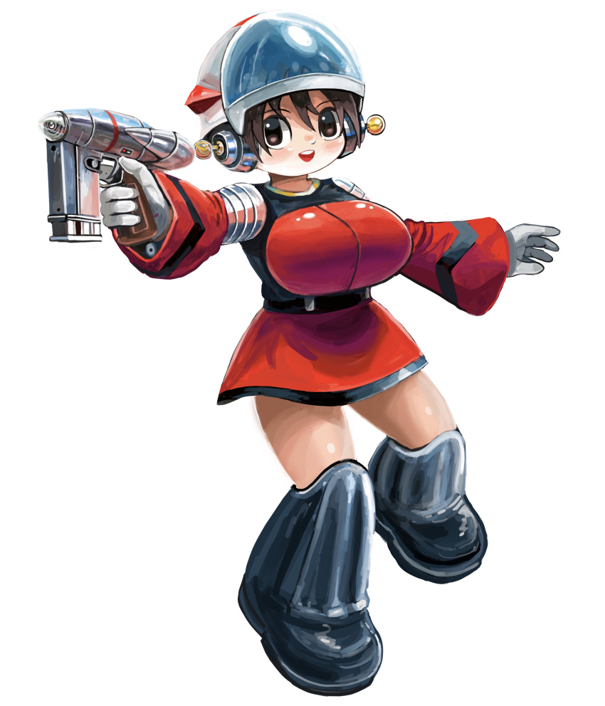 1girl absurdres aiming breasts brown_eyes brown_hair finger_on_trigger full_body gloves grey_gloves gun hai_to_hickory hair_between_eyes helmet highres large_breasts open_mouth original round_teeth shiny short_hair smile solo teeth weapon white_background