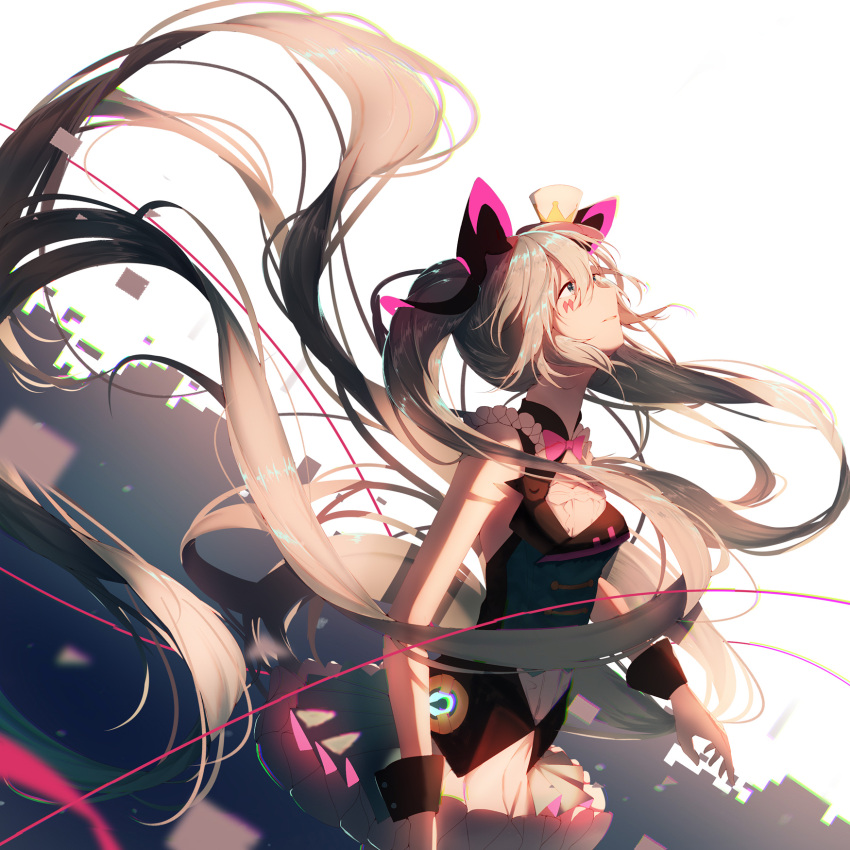 1girl bangs bare_shoulders black_vest blue_eyes blue_hair bow commentary eyebrows_behind_hair facial_mark floating_hair gloves hair_between_eyes hair_ornament hat hatsune_miku highres looking_away looking_up magical_mirai_(vocaloid) mini_hat mini_top_hat parted_lips pink_bow pleated_skirt re:rin shirt skirt sleeveless sleeveless_shirt solo symbol_commentary tilted_headwear top_hat twintails vest vocaloid white_background white_gloves white_headwear white_shirt white_skirt