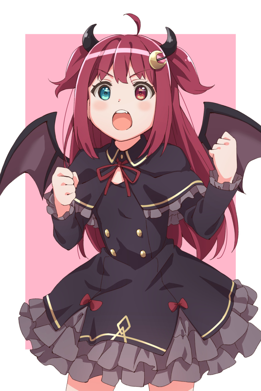 1girl :o absurdres black_capelet black_dress blue_eyes blush bow brown_wings capelet clenched_hands crescent crescent_hair_ornament demon_girl demon_horns demon_wings dress fang frilled_capelet frilled_dress frilled_sleeves frills hair_ornament hands_up heterochromia highres horns karahai_(31448823) long_hair long_sleeves looking_at_viewer neck_ribbon nijisanji open_mouth pink_background red_bow red_eyes red_ribbon redhead ribbon solo two-tone_background two_side_up very_long_hair virtual_youtuber white_background wings yuzuki_roa