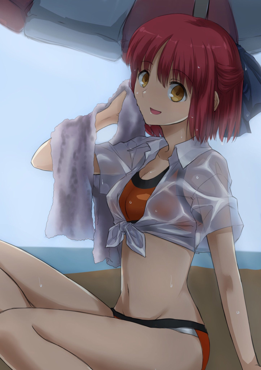 1girl alternate_costume arm_support arm_up beach bikini bloom blue_ribbon blue_sky blurry chiizu_ore cowboy_shot day depth_of_field drying hair_ribbon highres holding holding_towel knees_up kohaku looking_at_viewer medium_hair nave ocean open_mouth redhead ribbon sand see-through shirt sky solo swimsuit tied_shirt towel tsukihime wet wet_clothes wet_shirt white_shirt yellow_eyes