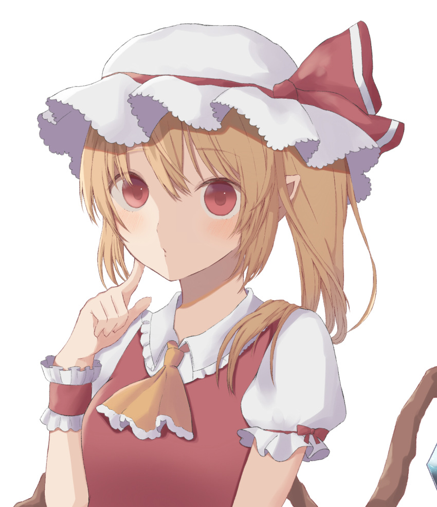 1girl ascot bangs blonde_hair blush breasts commentary crystal eyebrows_visible_through_hair finger_to_cheek flandre_scarlet frilled_shirt_collar frills hair_between_eyes hand_up hasuhasu hat hat_ribbon highres index_finger_raised long_hair looking_at_viewer mob_cap pointy_ears red_eyes red_ribbon red_vest ribbon side_ponytail sidelocks simple_background small_breasts solo touhou upper_body vest white_background white_headwear wings wrist_cuffs yellow_neckwear