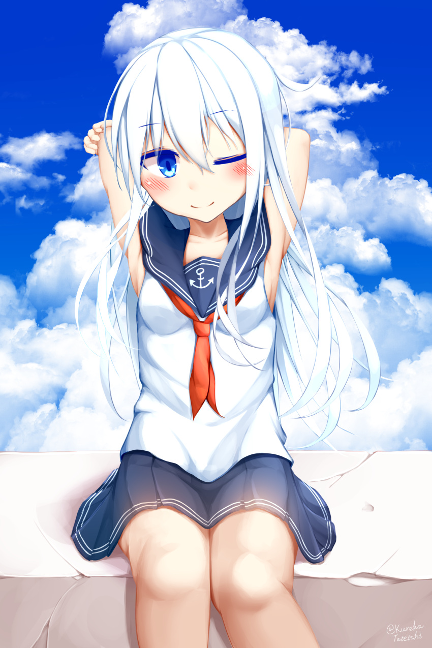 1girl ;) absurdres anchor_symbol armpits arms_behind_head arms_up bangs bare_arms bare_shoulders blue_eyes blue_sailor_collar blue_skirt blue_sky blush breasts closed_mouth clouds cloudy_sky commentary_request day eyebrows_visible_through_hair hair_between_eyes hamayuu_(litore) hibiki_(kantai_collection) highres kantai_collection long_hair looking_at_viewer neckerchief one_eye_closed outdoors pleated_skirt red_neckwear sailor_collar school_uniform serafuku shirt sitting skirt sky sleeveless sleeveless_shirt small_breasts smile solo twitter_username very_long_hair white_hair white_shirt