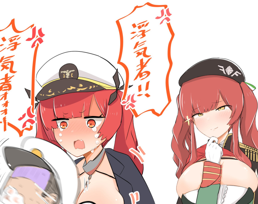 asphyxiation azur_lane black_hair breasts choking commander_(azur_lane) crying crying_with_eyes_open gloves hair_ribbon hat highres honolulu_(azur_lane) large_breasts red_eyes redhead ribbon ro_(aahnn) speech_bubble tears translated twintails zara_(azur_lane)