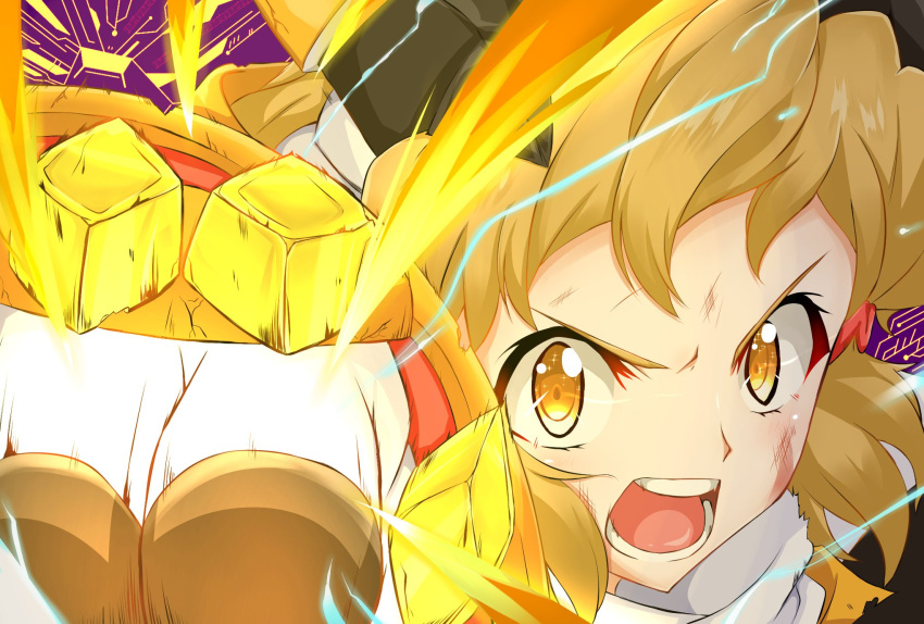 1girl brown_eyes bruise bruise_on_face clenched_hand close-up hair_ornament hairclip highres injury light_brown_hair punching scarf senki_zesshou_symphogear tachibana_hibiki_(symphogear)