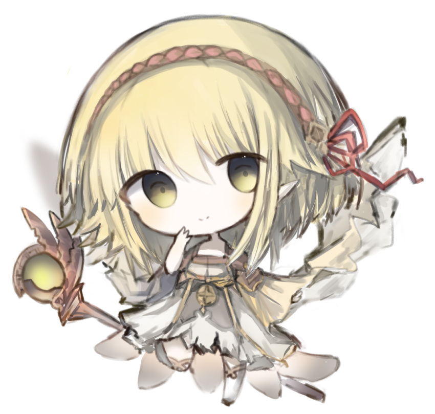 1girl bangs blonde_hair character_request chibi closed_mouth commentary_request cottontailtokki dress full_body hair_between_eyes hand_up head_tilt long_hair long_sleeves looking_at_viewer over-kneehighs pointy_ears red_ribbon ribbon shadowverse shingeki_no_bahamut sleeves_past_wrists smile solo staff standing standing_on_one_leg thigh-highs white_background white_dress white_legwear wide_sleeves yellow_eyes