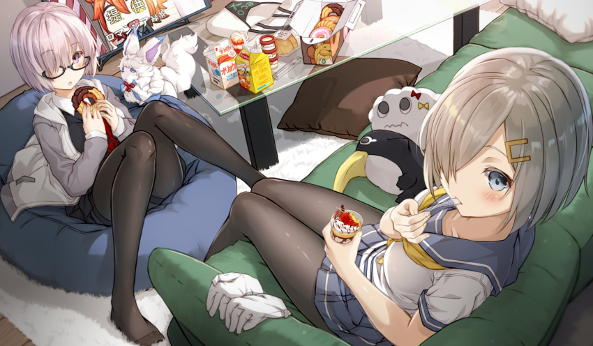 3girls artist_request bag bird blue_eyes box breasts carton collarbone couch creature crossover cushion doughnut eating fate/grand_order fate_(series) food fou_(fate/grand_order) fujimaru_ritsuka_(female) glasses gloves gloves_removed hair_ornament hair_over_one_eye hairclip hamakaze_(kantai_collection) highres indoors kantai_collection lavender_hair looking_at_viewer mash_kyrielight medium_breasts monitor multiple_girls necktie open_mouth pantyhose parfait penguin pillow screen shirt short_hair silver_hair sitting snack source_request spoon stuffed_toy table translation_request violet_eyes white_gloves white_shirt