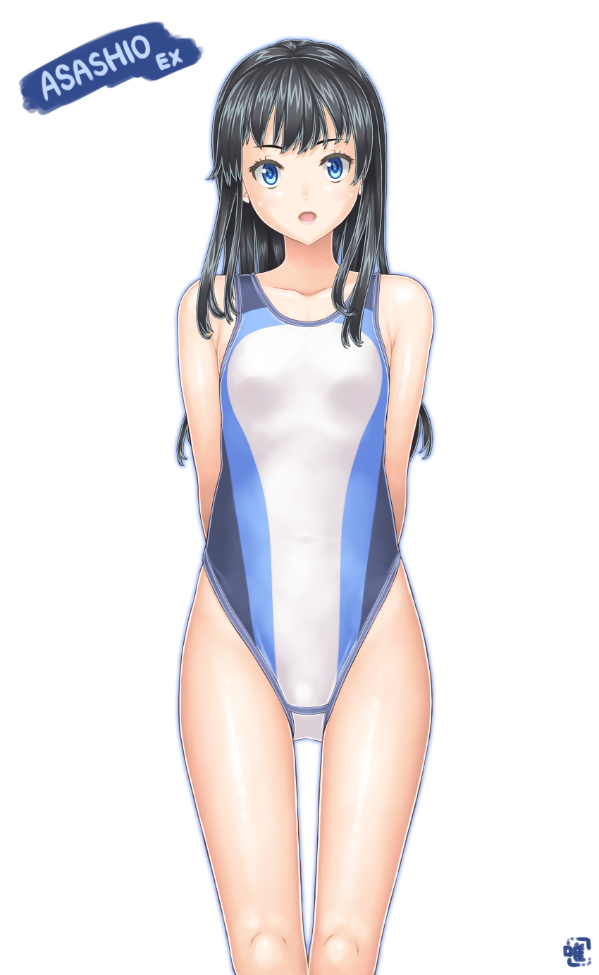 1girl absurdres arms_behind_back asashio_(kantai_collection) black_hair blue_eyes character_name competition_swimsuit cowboy_shot flat_chest highleg highleg_swimsuit highres kantai_collection long_hair looking_at_viewer notchi one-piece_swimsuit open_mouth simple_background solo standing swimsuit white_background white_swimsuit