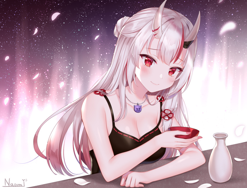 1girl artist_name bangs bell black_dress blush bottle breasts commentary cup dress hair_ornament holding holding_cup hololive horns long_hair looking_at_viewer mask mask_on_head multicolored_hair nakiri_ayame naomi_(fantasia) oni oni_horns open_mouth red_eyes sake_bottle silver_hair sitting smile solo streaked_hair virtual_youtuber