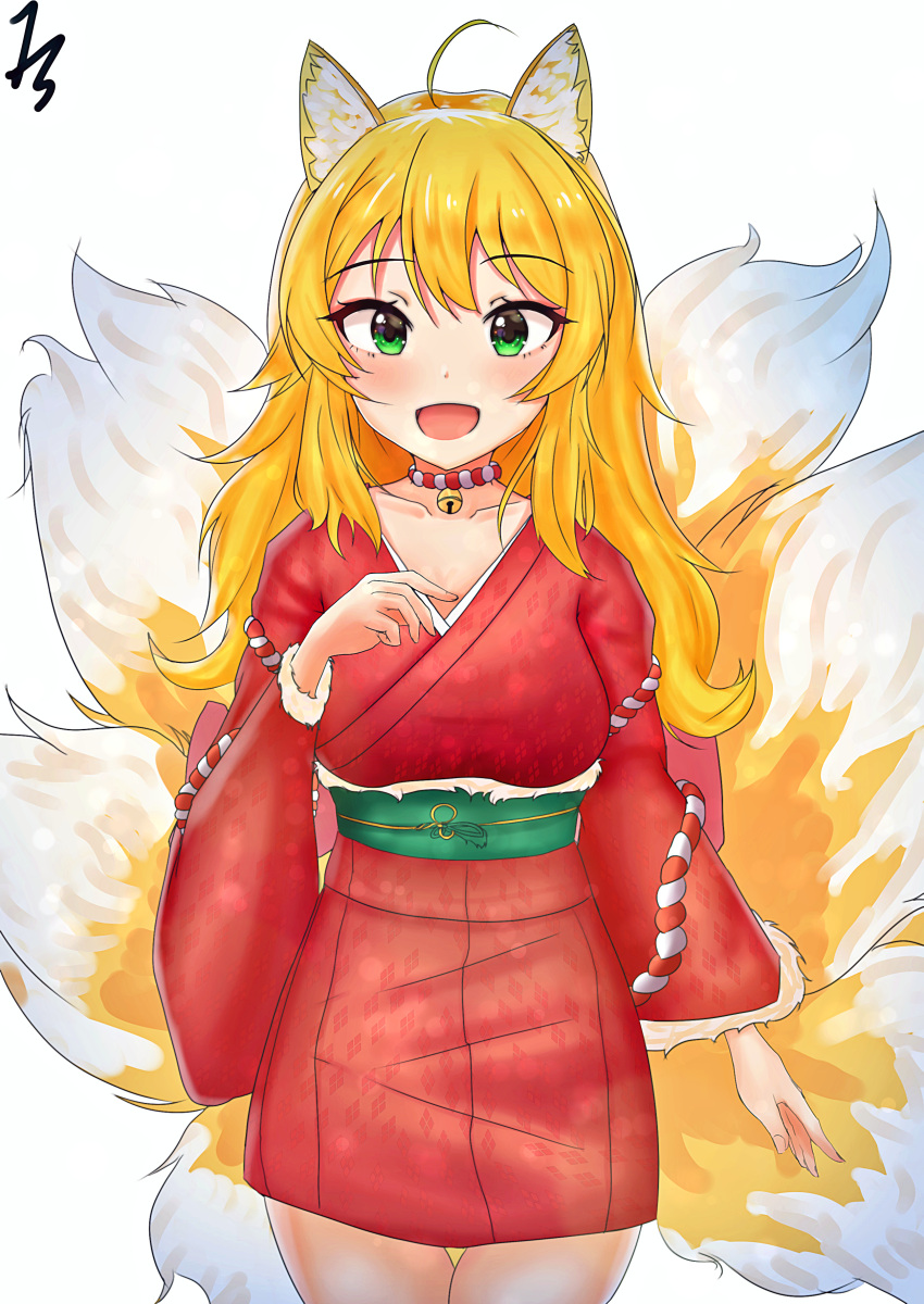 1girl absurdres ahoge animal_ears bangs bell blonde_hair blush breasts collarbone commentary_request eyebrows_visible_through_hair fox_ears fox_tail green_eyes highres hoshii_miki idolmaster idolmaster_million_live! idolmaster_million_live!_theater_days japanese_clothes jscu kimono long_hair long_sleeves multiple_tails open_mouth red_kimono simple_background smile solo tail white_background