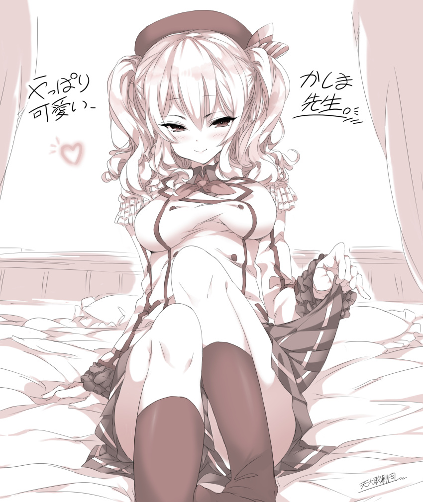 1girl absurdres alabaster_(artist) bed breasts buttons commentary_request cowboy_shot epaulettes highres jacket kantai_collection kashima_(kantai_collection) kneehighs lifted_by_self long_sleeves medium_breasts military military_jacket military_uniform miniskirt monochrome neckerchief no_shoes pillow pleated_skirt sepia sidelocks sitting skirt skirt_lift solo translation_request tsurime twintails uniform wavy_hair white_jacket window
