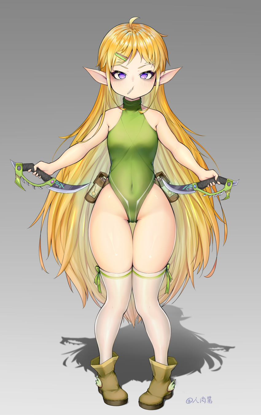 1girl absurdres blonde_hair blue_eyes boots brown_footwear candy dagger dual_wielding elf food full_body green_leotard grey_background hair_ornament hairclip highleg highleg_leotard highres holding leotard lollipop long_hair mouth_hold original pointy_ears pouch renroujiang shadow simple_background solo thigh-highs thigh_gap thighs weapon white_legwear