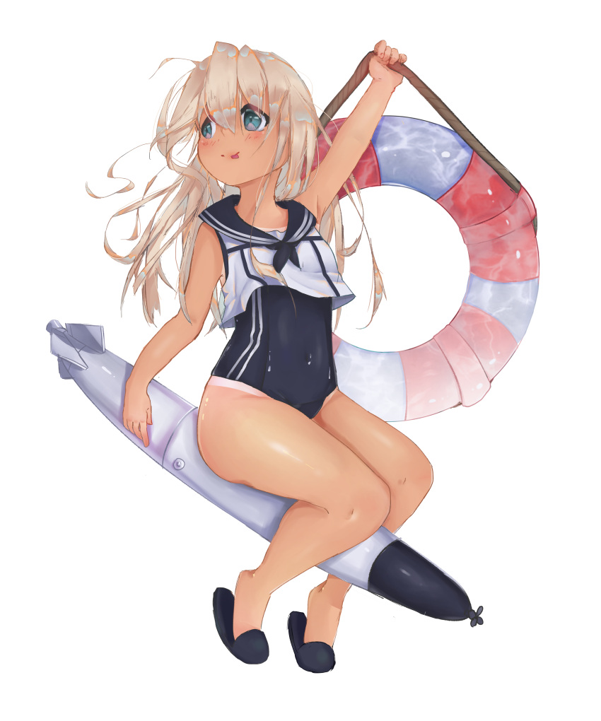 1girl absurdres black_sailor_collar blonde_hair blue_eyes crop_top flower full_body hair_flower hair_ornament highres kantai_collection lifebuoy long_hair looking_back one-piece_swimsuit one-piece_tan ro-500_(kantai_collection) sailor_collar school_swimsuit simple_background slippers solo swimsuit swimsuit_under_clothes tan tanline torpedo vimi white_background