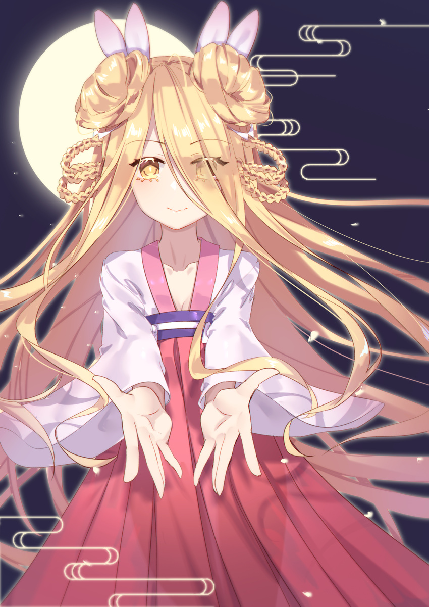 1girl bangs blonde_hair braid brown_eyes chinese_clothes collarbone commentary_request date_a_live double_bun dress egasumi eyebrows_visible_through_hair eyes_visible_through_hair fingernails full_moon hair_over_one_eye hair_ribbon hanfu highres hoshimiya_mukuro long_hair long_sleeves looking_at_viewer mo_(pixiv9929995) moon outstretched_arms pleated_dress red_dress ribbon solo very_long_hair white_ribbon wide_sleeves