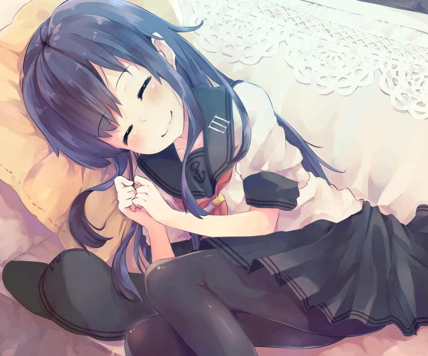 1girl akatsuki_(kantai_collection) anchor anchor_symbol bangs black_headwear black_legwear blush closed_eyes commentary_request couch eyebrows_visible_through_hair flat_cap hands_together hat hat_removed headwear_removed highres kantai_collection lips long_hair lying neckerchief on_side pantyhose pillow pleated_skirt purple_hair red_neckwear sailor_collar school_uniform serafuku short_sleeves skirt sleeping smile solo taisho_(gumiyuki)