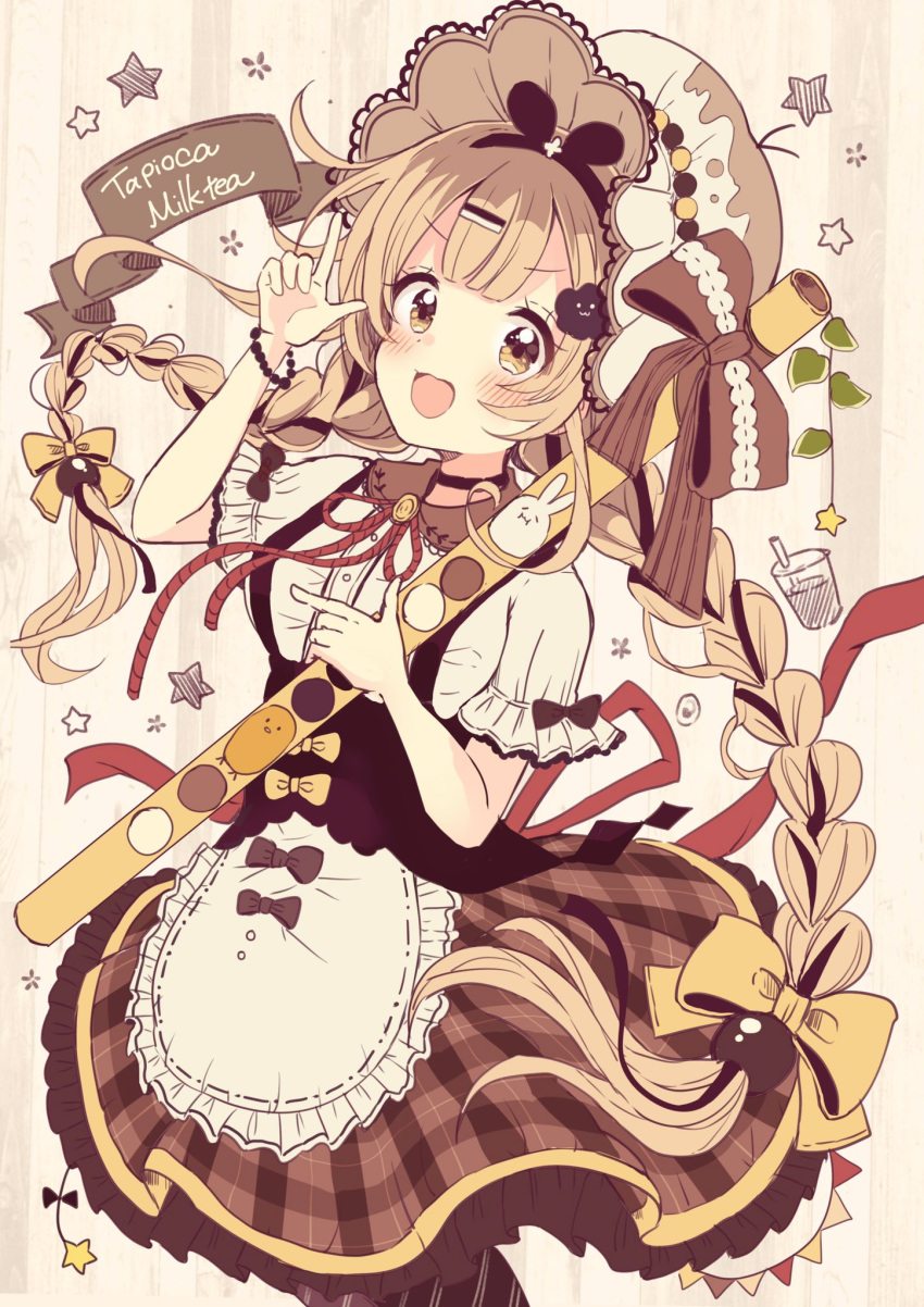 1girl :d apron blush bow braid breasts brown_background brown_bow brown_eyes brown_headwear brown_skirt collared_shirt commentary_request cup disposable_cup drinking_straw frilled_apron frilled_skirt frills hand_up hat highres light_brown_hair long_hair looking_at_viewer low_twintails neck_ribbon open_mouth original plaid plaid_skirt red_ribbon ribbon sakura_oriko shirt short_sleeves skirt small_breasts smile solo star twin_braids twintails underbust very_long_hair waist_apron white_apron white_shirt